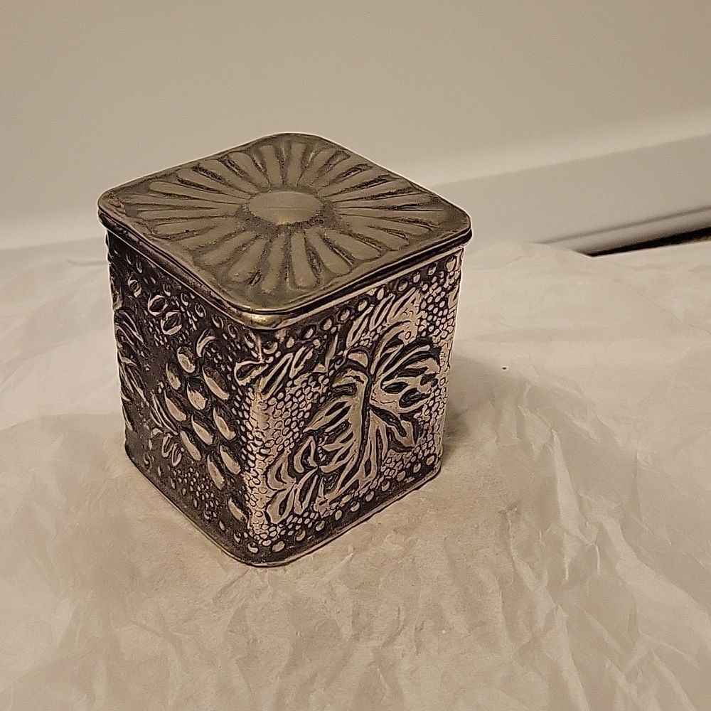 Beautiful Silver Tone Box with Lid- Flowers, Grapes
